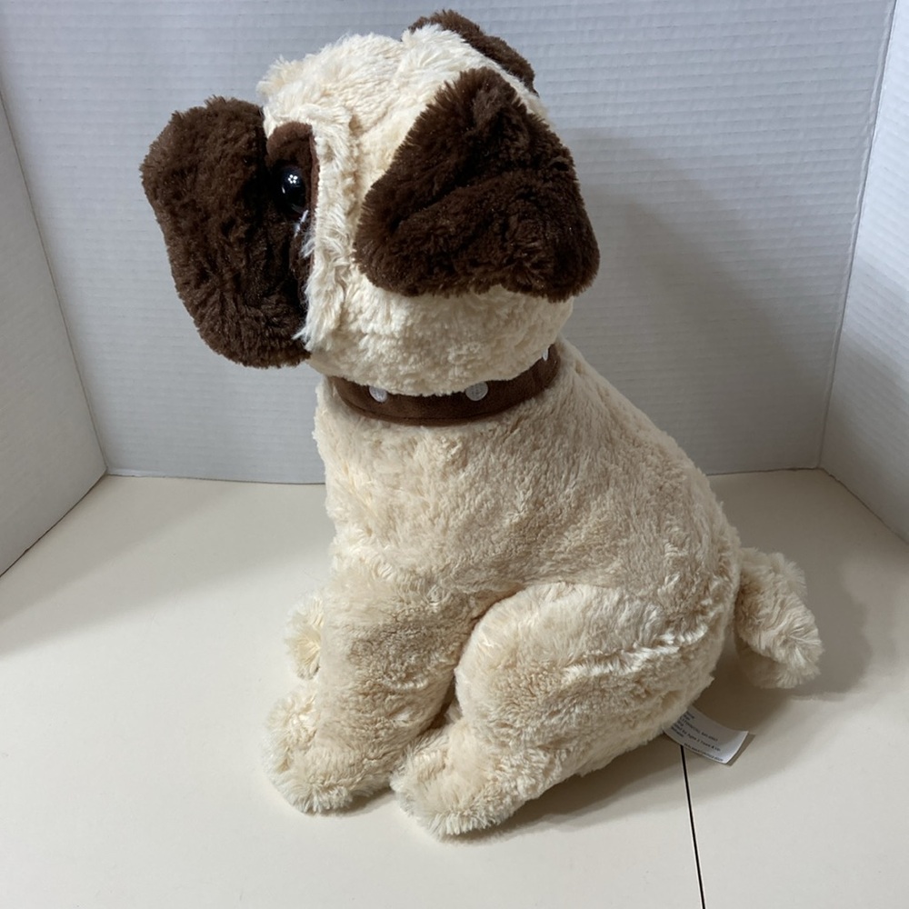 Realistic Pug Dog Plush Companion Soft Cuddly Stuffed Animal Brown Collar 14” - Picture 4 of 9